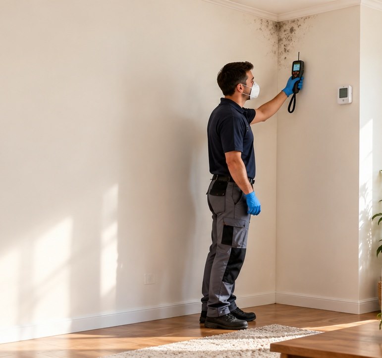 Symbolbild: Fachmann prüft Schimmelbefall an der Wand – Fachbetriebe für Gräfenhausen